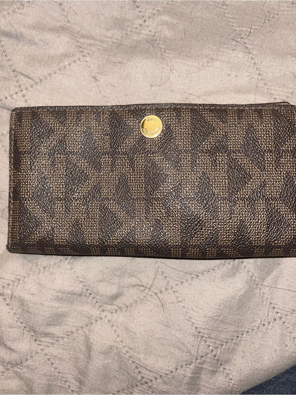 Michael Kors Brown MK Monogram Continental Wallet with Gold Snap